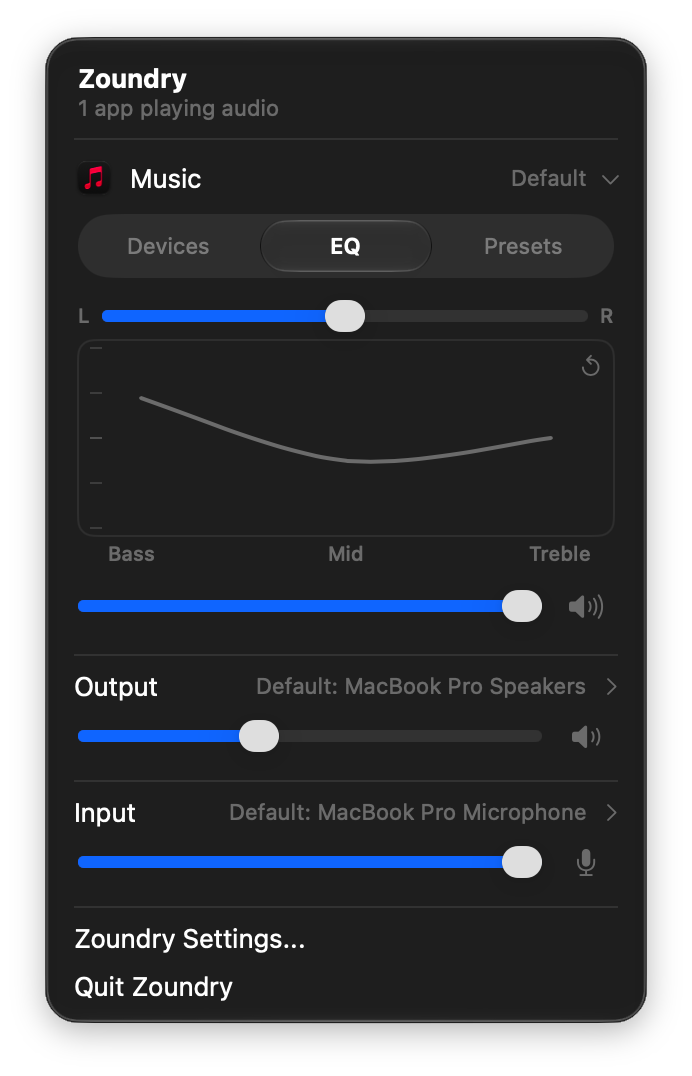 Zoundry EQ tab showing an L/R balance slider and a 3-band bass, mid, treble curve for Music