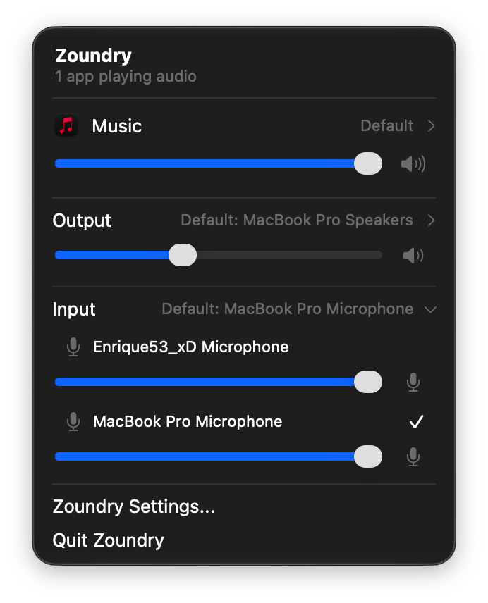 Zoundry Input section expanded showing two microphones listed with individual volume sliders