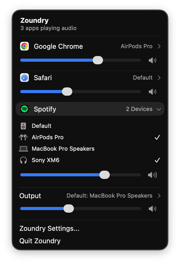Zoundry panel showing Spotify routed to AirPods Pro and MacBook Pro Speakers simultaneously