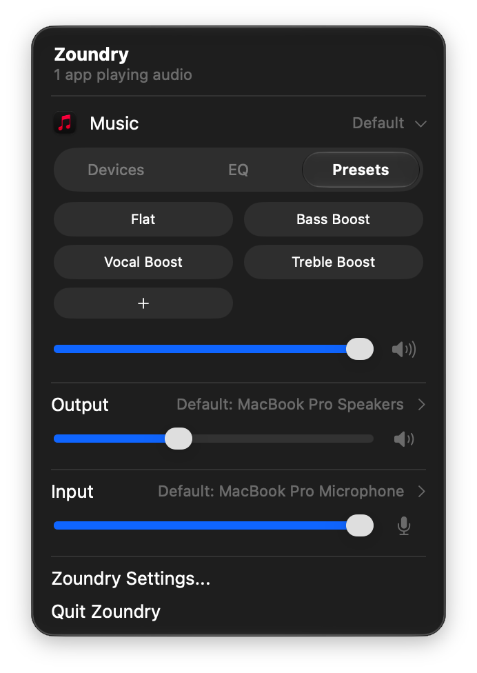 Zoundry Presets tab showing Flat, Bass Boost, Vocal Boost, and Treble Boost presets for Music